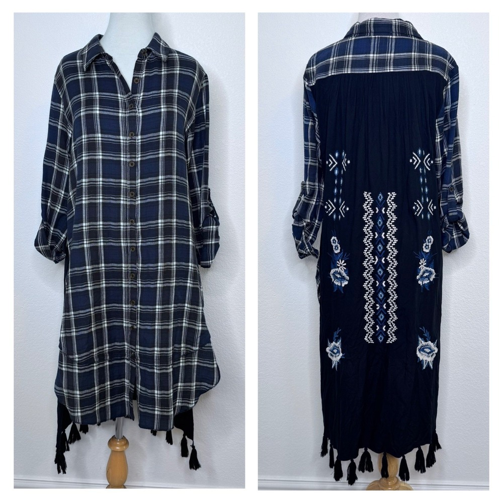 Kyla Seo Plaid Tunic Dress Size M Embroidered Tassel Blue White Black Western